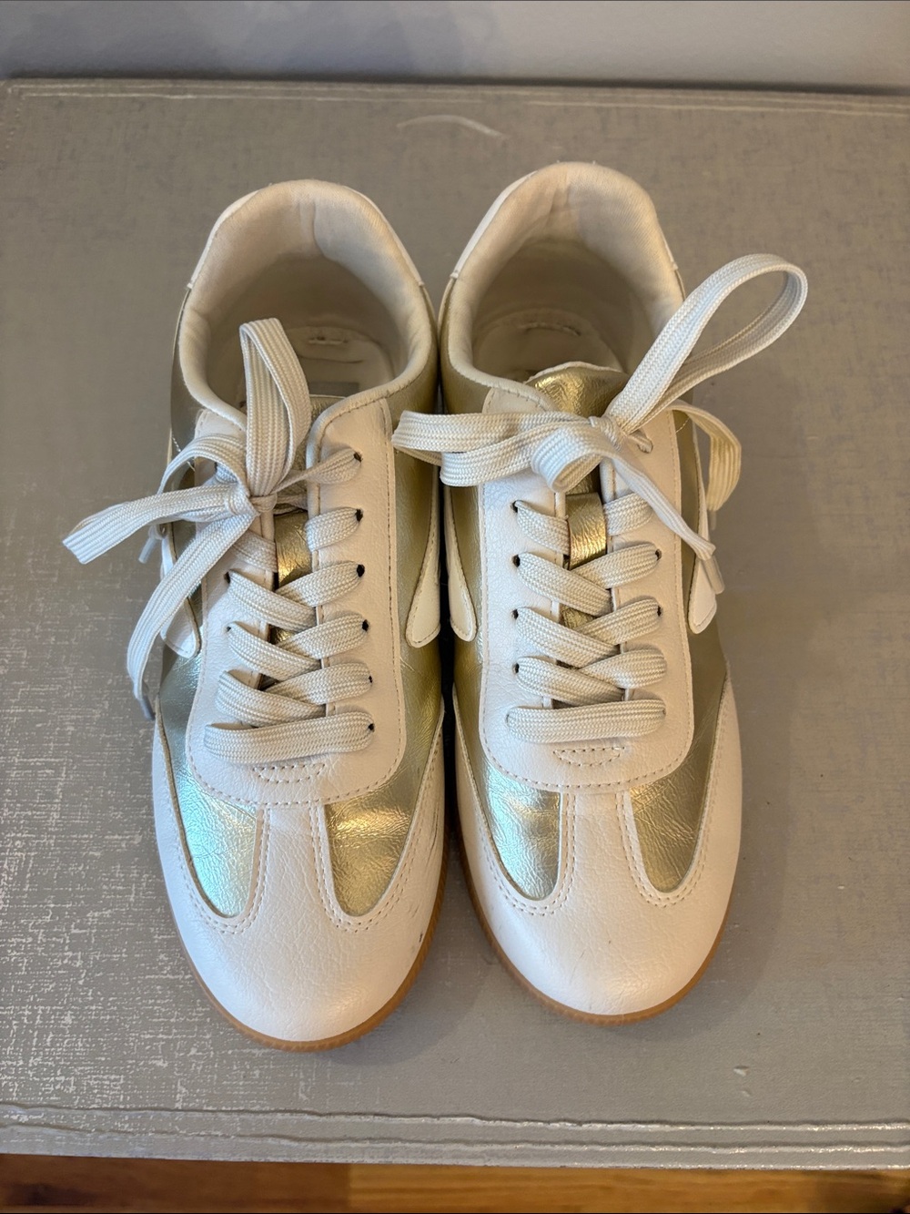 Dolce Vita White and Metallic Gold Low-Top Sneakers